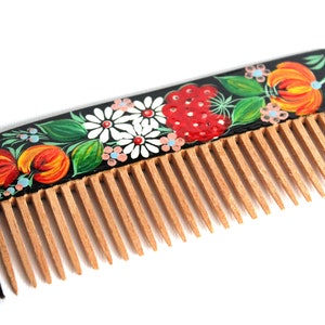 Ukrainian Comb for Hair with Petrykivka, Hairbrush Hand Drawn, Unique Flower Comb, Berry Brush, Natural wood hair comb, Cute girly comb