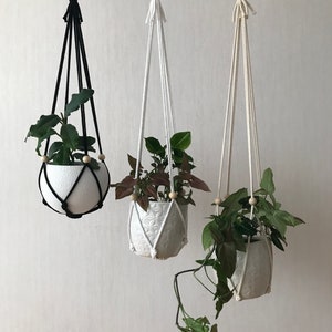 May include: Three macrame plant hangers with wooden beads, each holding a white ceramic pot with a different plant. The hangers are black, white, and natural.