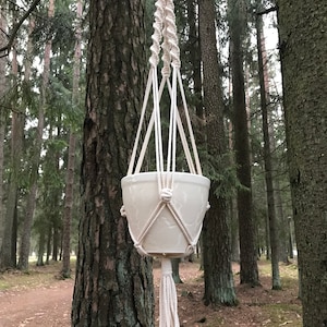 May include: A white macrame plant hanger with a wooden ring at the top and a white tassel at the bottom. The hanger is holding a white ceramic pot.