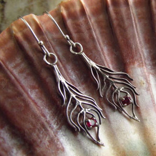 Silver Feather Earrings.Ruby Earrings.Silver 925.Tiny Handmade Earrings.