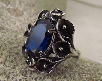 Large Sterling Silver Ring.Handmade Silver Ring.Sapphire Silver Ring.Sappire Cubic Zirconia.Boho Ring