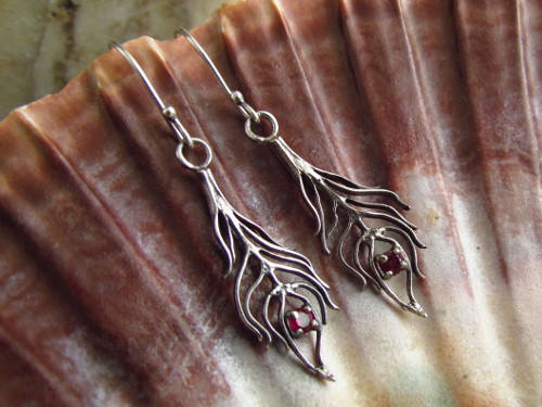 Silver Feather Earrings.Ruby Earrings.Silver 925.Tiny Handmade Earrings.