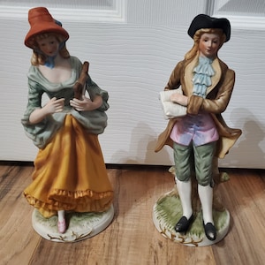 Colonial Victorian Courting Couple Ceramic Figurines, Statues, Vintage Colonial, Shelf Decor