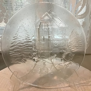 VINTAGE GLASPLATTE Große Runde Winterliche Motiv