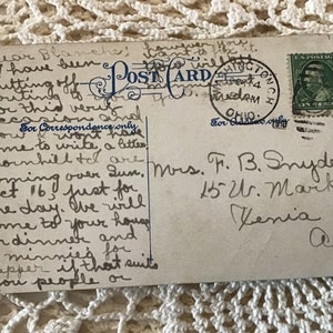 May include: A vintage postcard with a handwritten message. The postcard is addressed to Blanche and mentions a visit on Sunday, August 16th. The postcard is from Mrs. F. B. Snyder, 15 W. Market St., Xenia, Ohio.