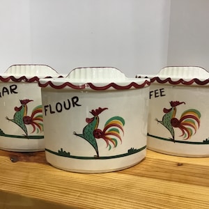Vintage Retro 1940s California Pottery Rooster Canister Set, Decoración de cocina, Harina, Azúcar, Juego de botes de café, Decoración de cocina de granja