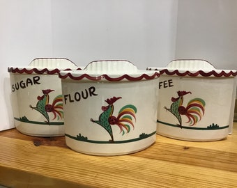 Vintage Retro jaren 1940 Californië Aardewerk Rooster Bus Set, Keuken Decor, Meel, Suiker, Koffie Bus Set, Boerderij Keuken Decor