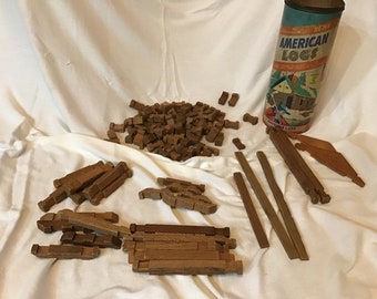 American Logs by Halsam 3/4’ Set 815, 103 Pieces,Original Container Childs Collectible Toys Building Set