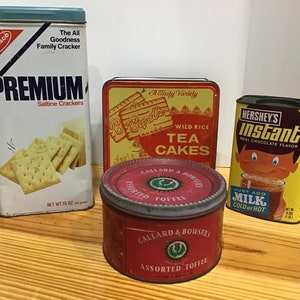 Collection of Vintage Mid Century Tins, Collectible, Kitchen Storage, Display Tins, Cracker, Candy, Hot Chocolate Tins