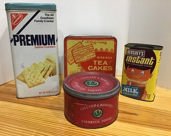 Collection of Vintage Mid Century Tins, Collectible, Kitchen Storage, Display Tins, Cracker, Candy, Hot Chocolate Tins