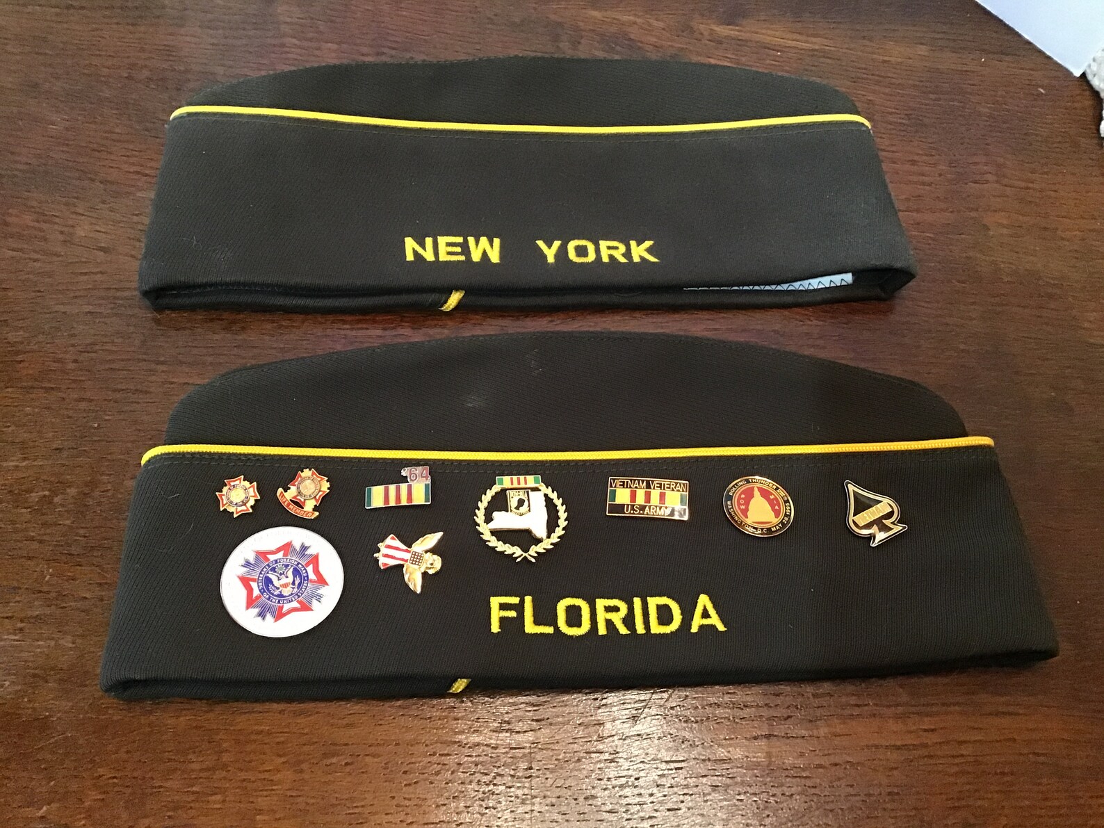 VFW Overseas Hats Florida, New York VFW With Vietnam Veterans Hat Pins