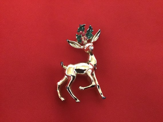 Vintage Brooch, Pin, Christmas, Reindeer Holly Be… - image 1