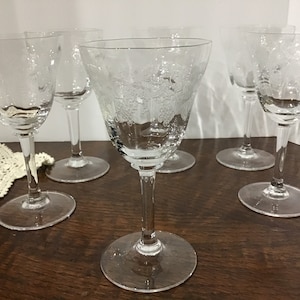 Beautiful Vintage Crystal Stemware  Etched Crystal Etched Wine Glasses Set of Six Wine Glasses