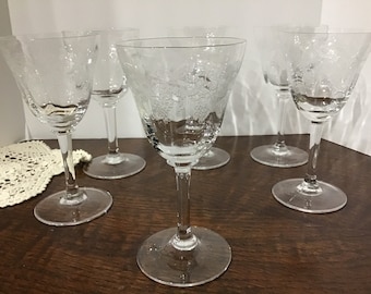 Beautiful Vintage Crystal Stemware  Etched Crystal Etched Wine Glasses Set of Six Wine Glasses