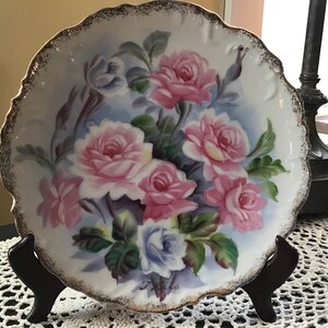 VINTAGE Hand Painted Signed FLORAL PLATE Serving Plate Shelf Wall Decor