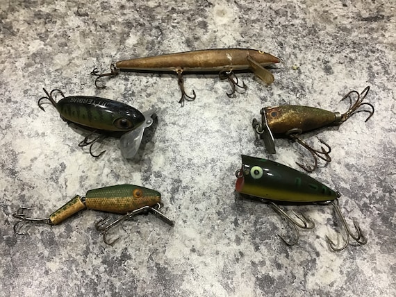 Vintage Fishing Lures, Collection of 5 Lures Vintage Wood Lures, Cabin, Man  Cave Lodge, Fishing Decor 