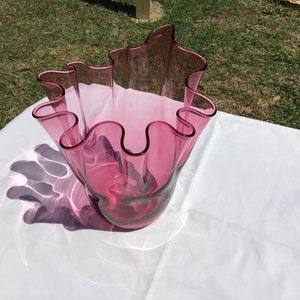 Large Cranberry Glass Handkerchief Vase, Blown Glass,  Pitcher, Ice Bucket, Decor