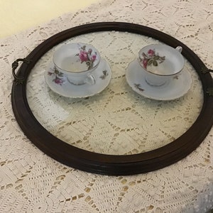 Beautiful Large Antique Oak and Glass Butler Tray, Tea, Coffee, Beverage, Bar Serving Tray
