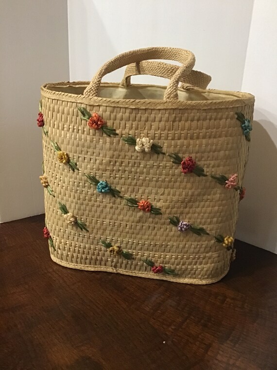 Vintage Straw Bag, Beach Bag, Shopping Bag, Knitt… - image 2
