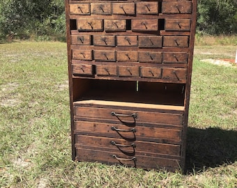 Vintage Unique Rustic Multi Drawer Wood Cabinet, Wood Shop, Artist, Crafters, Apothecary, Jeweler's, Fishing Lures, Toy, Bathroom Cabinet