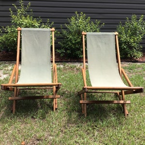 Pair of Folding Vintage Wood Beach, Lawn, Patio, Porch, Deck, Camping Canvas Sling Chairs