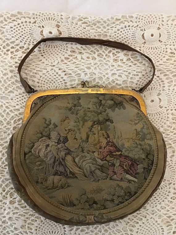 Lovely Vintage Victorian Tapestry Handbag, Purse, Makeup Bag, Victorian Decor, View 2