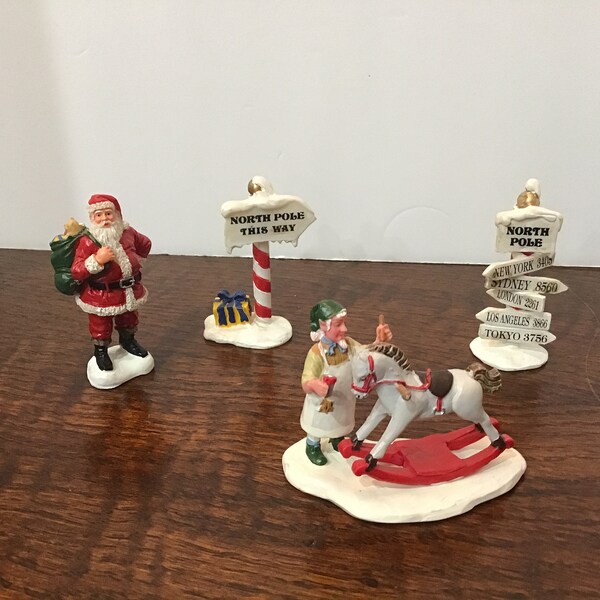 Lemax Christmas Village Figurines, Et of Three Santa Figurine, Hobby Horse, North Pole Signs, Santa Signs