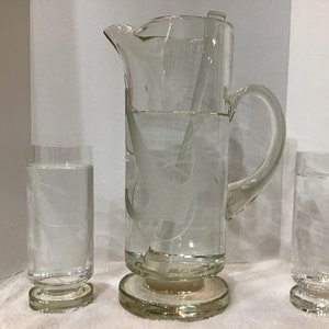 Vintage Nautical Maritime Anchor Blown Glass Footed Pitcher, Glass Stirrer and Glasses Set, Barware Set,
