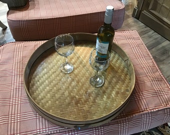 Plateau ROTIN VERRE FUME service vintage déco cuisine table ancien tray rattan