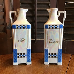 1920s Czech Vinegar and Oil Cruets Pearl Lustre, Kitchenware, Jars, Vase, Decanter Farmhouse, Vintage, Shabby Chic, French Country Decor