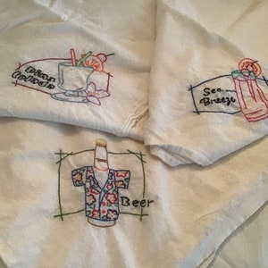 Vintage Embroidered Bar Towels Set of Three Bar Towels Flour Sack Towels