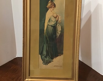 Hermosa obra de arte antigua vintage en acuarela, obra enmarcada de madre e hijo de J R Jowett, antigua, victoriana, guardería, decoración de pared