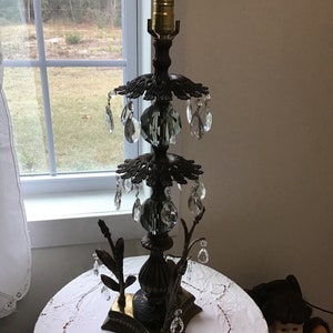 Vintage Large Ornate Table Lamp, Brass, Marble, Crystal Pendant, French Italian Modernique