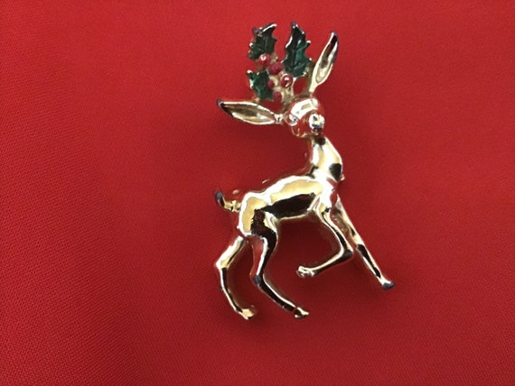 Vintage Brooch, Pin, Christmas, Reindeer Holly Be… - image 2