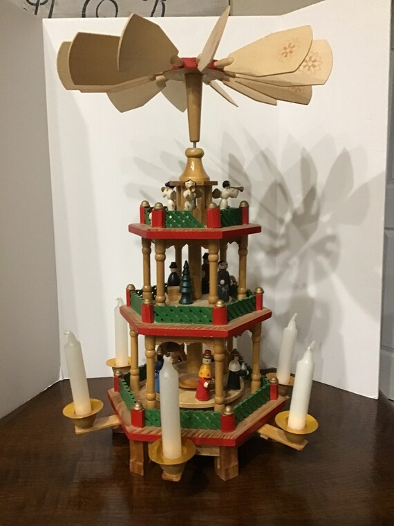 Vintage German Christmas Pyramid Three Tier Nativity Carousel Etsy