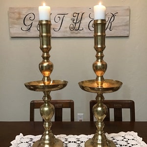 Vintage Large Etched Brass Pillar Candle Holders, Candlesticks, Alter Candlesticks, Wedding, Mantle, Hearth Candlesticks, Vintage Decor