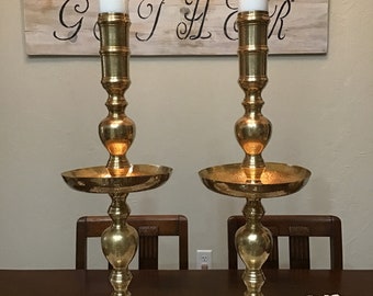 Vintage Large Etched Brass Pillar Candle Holders, Candlesticks, Alter Candlesticks, Wedding, Mantle, Hearth Candlesticks, Vintage Decor