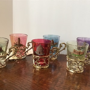 Set of Six Sipping Shot Glasses With Holders Colored Shot Glasses Italy, Pisa Shotglasses