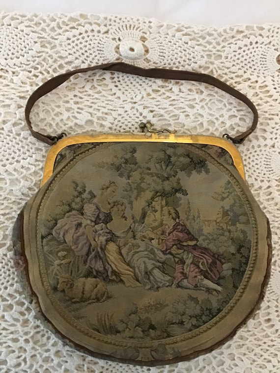 Lovely Vintage Victorian Tapestry Handbag, Purse, Makeup Bag, Victorian Decor,