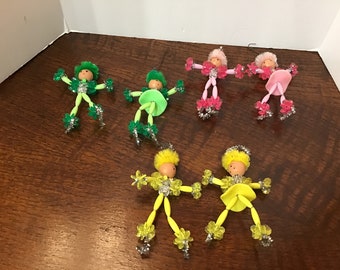 Vintage 1970s Bead and Pipe Cleaner  Ice Skater Christmas Ornaments