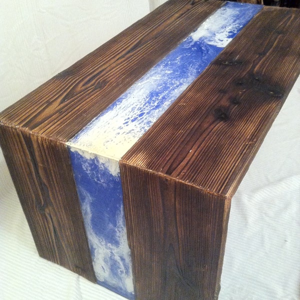 Epoxy resin table made of solid natural wood, OceanArt in Yakisugi style