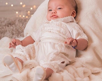 Hand Embroidered Christening Outfit: Shantung Romper with Removable Stole & Bow Tie