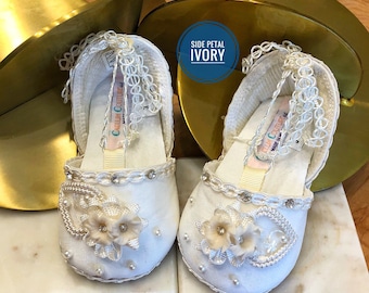 Ivory Christening Booties: Handcrafted Fabric Shoes with Pearl Accents