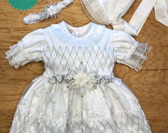 ON SALE!! 4 piece Baptism Dress/Christening Gown/Baptism Gown/Ivory| Handcrafted Bonnet and Headband included| with g