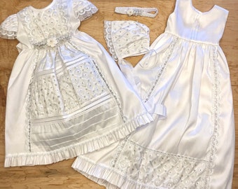 ON SALE!! 4 piece Baptism Dress/Christening Gown/Baptism Gown/ White/ removable inner dress/ handcrafted headband, bonnet and garments bag