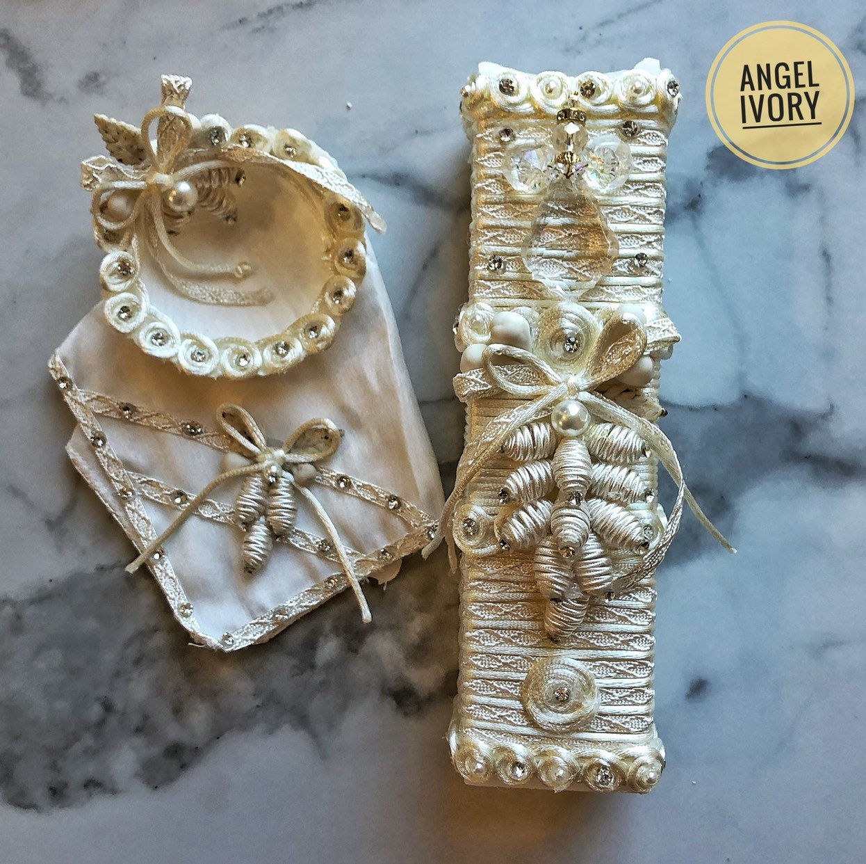 Handcrafted Ivory Baptism Candle Set: Decorated Seashell & Handkerchief