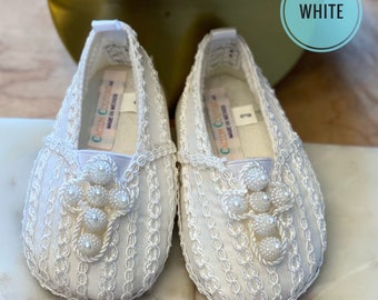 White Baptism Handcrafted Slippers/ Baby Boy Christening Shoes | Size 3-4 & 5 | Fabric Shoes | Rubber Shoe Sole