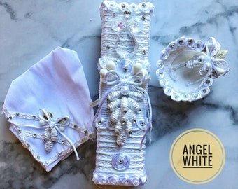 Handcrafted Baptism Candle Set: Decorated Seashell & Handkerchief