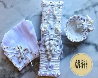 3 piece Handcrafted White Baptism Candle /Decorated Sea Shell, Towel and Candle included| Christening Candle Set/ Baptism Candle Set