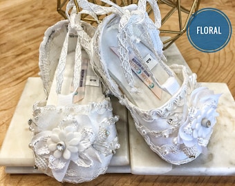 Handcrafted White Christening Booties: Pearl & Crystal Accents